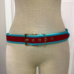 Talbots sz XL red and turquoise leather and linen blend belt with gold buckle